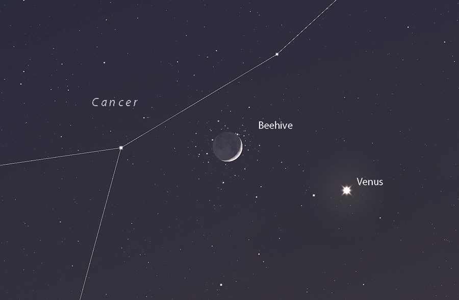 Vue rapprochée de la Lune et de Vénus juste avant ou après l'occultation dans le ciel bleu.