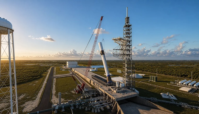 Grue géante en cours d'assemblage sur le pas de tir de Blue Origin.