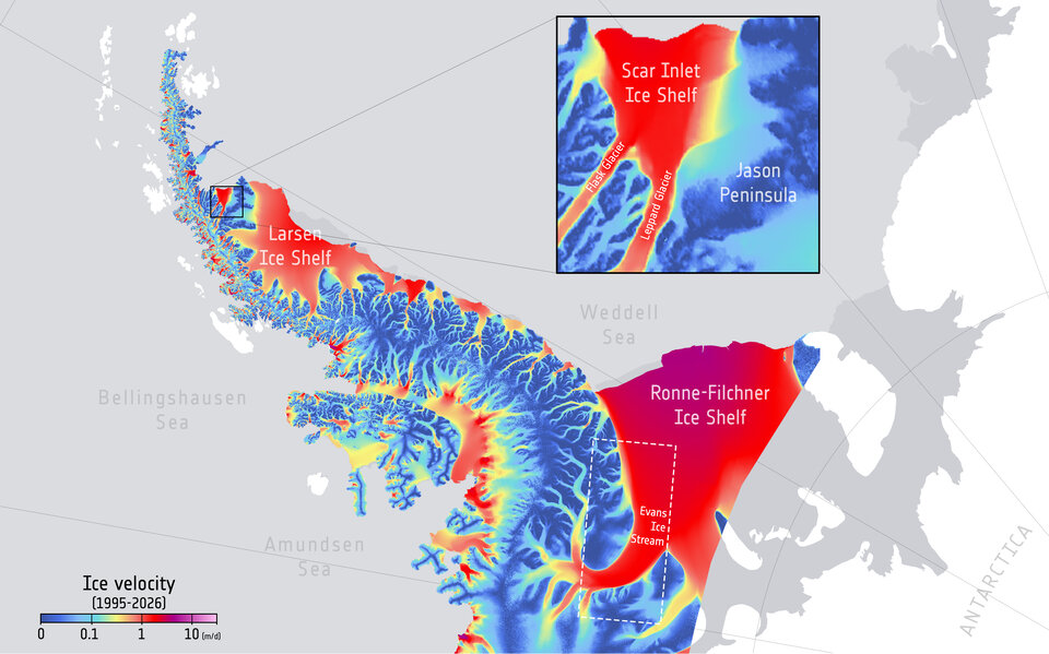 Schéma explicatif d'une ligne d'échouage d'un glacier antarctique, avec la partie sur terre et la partie flottante.