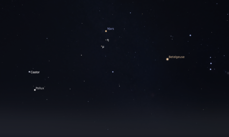 Mars se rapproche de l&rsquo;amas stellaire M35 dans la constellation des Gémeaux