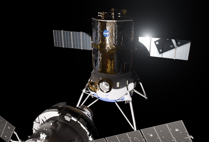 Vue artistique du vaisseau spatial Orion amarré à l'atterrisseur de démonstration Blue Moon Mark 2 de Blue Origin.