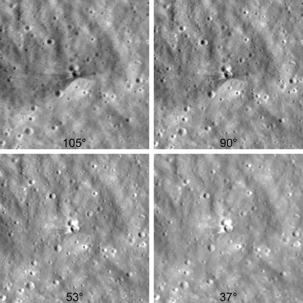 Quatre perspectives différentes du cratère Falcon 9, mettant en évidence les éjectas clairs de l'impact.