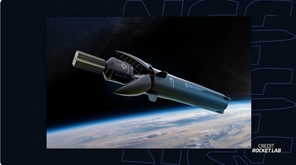 Rendu du système de lancement mobile GHOST de Rocket Lab avec une fusée Electron prête au décollage.